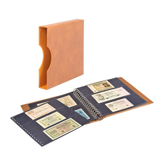 Banknotenalbum, mit 20 Klarsichthüllen, schwarzen Zwischenblättern und passender Schutzkassette, verschiedene Farben