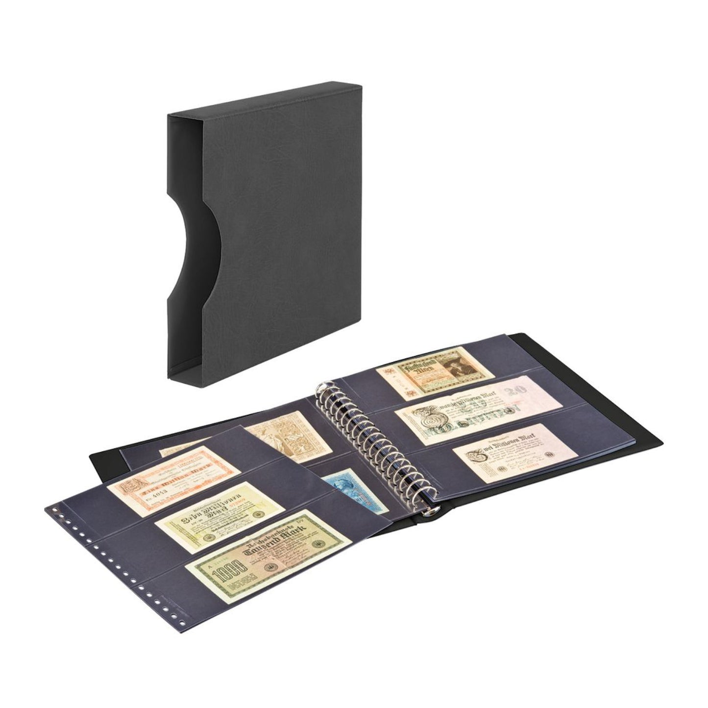 Banknotenalbum, mit 20 Klarsichthüllen, schwarzen Zwischenblättern und passender Schutzkassette, verschiedene Farben