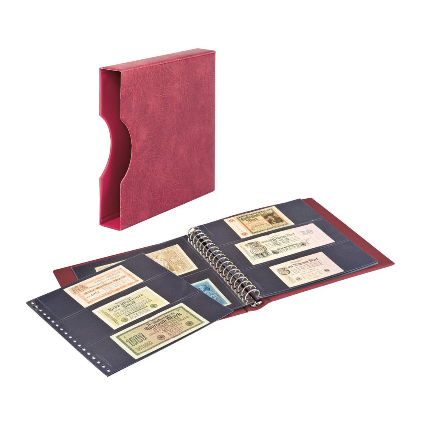 Banknotenalbum, mit 20 Klarsichthüllen, schwarzen Zwischenblättern und passender Schutzkassette, verschiedene Farben