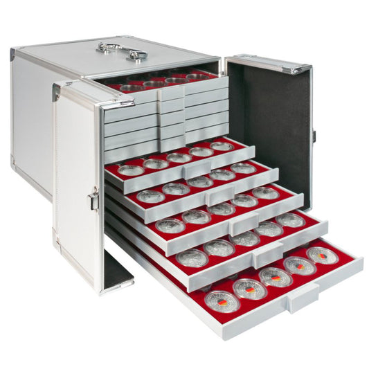 Sammelkoffer aus Aluminium, in Silber, für bis zu 10 Münzboxen