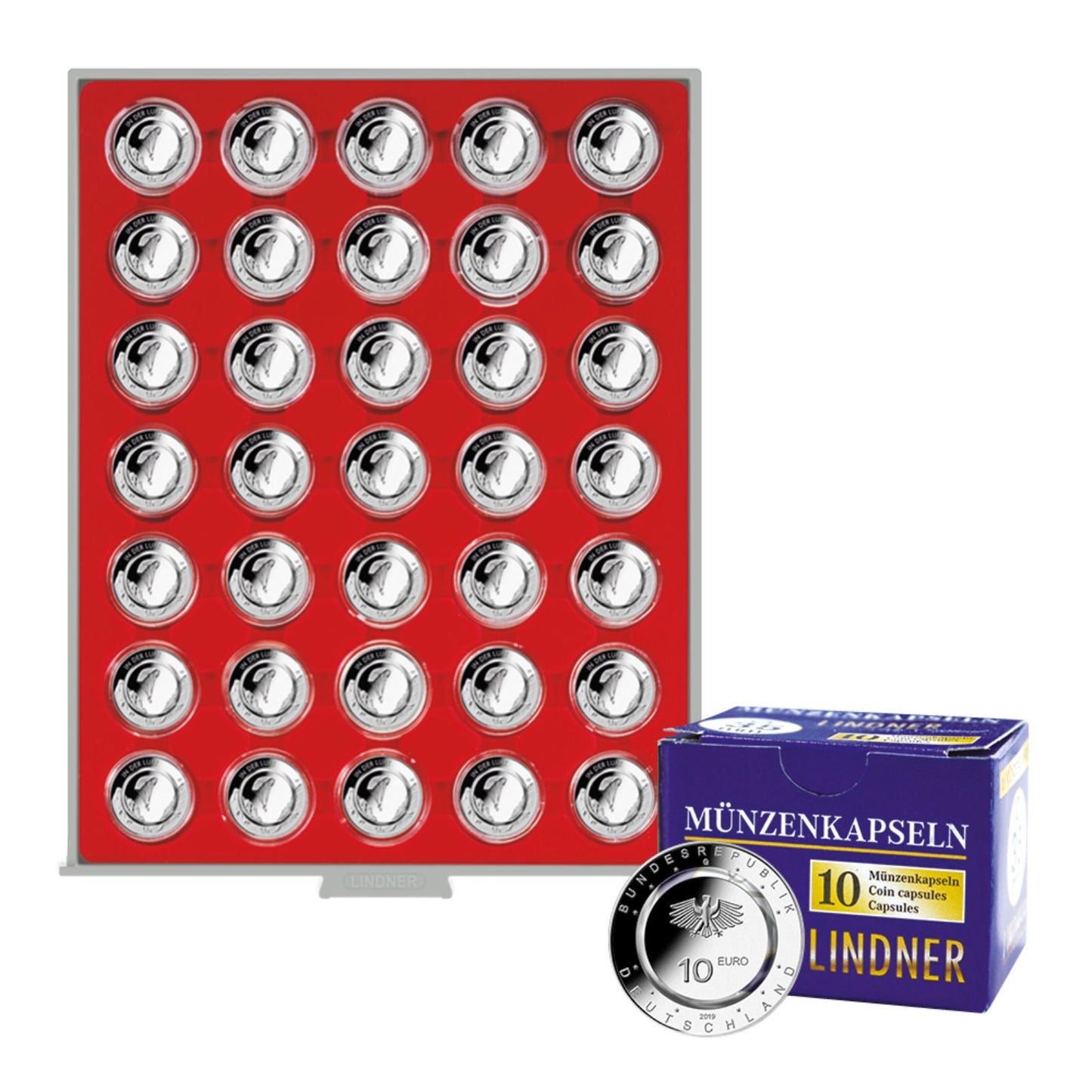 Münzbox für 35 gekapselte Deutsche 10 Euro-Sammlermünzen mit Polymerring, Inkl. 10 Münzkapseln
