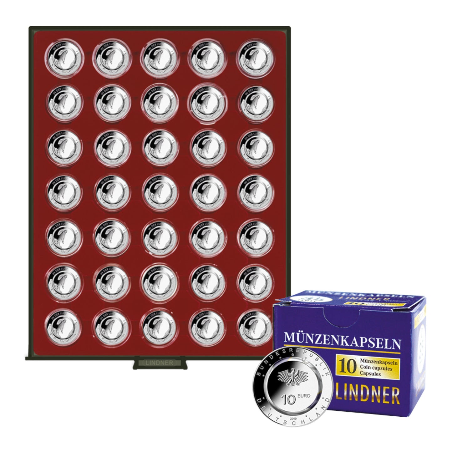 Münzbox für 35 gekapselte Deutsche 10 Euro-Sammlermünzen mit Polymerring, Inkl. 10 Münzkapseln