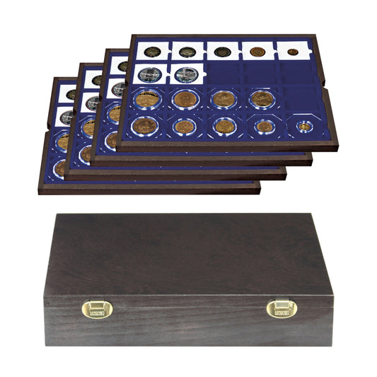 Münzkassette aus Echtholz, mit vier blauen Münzeinlagen, für bis zu 216 Münzen