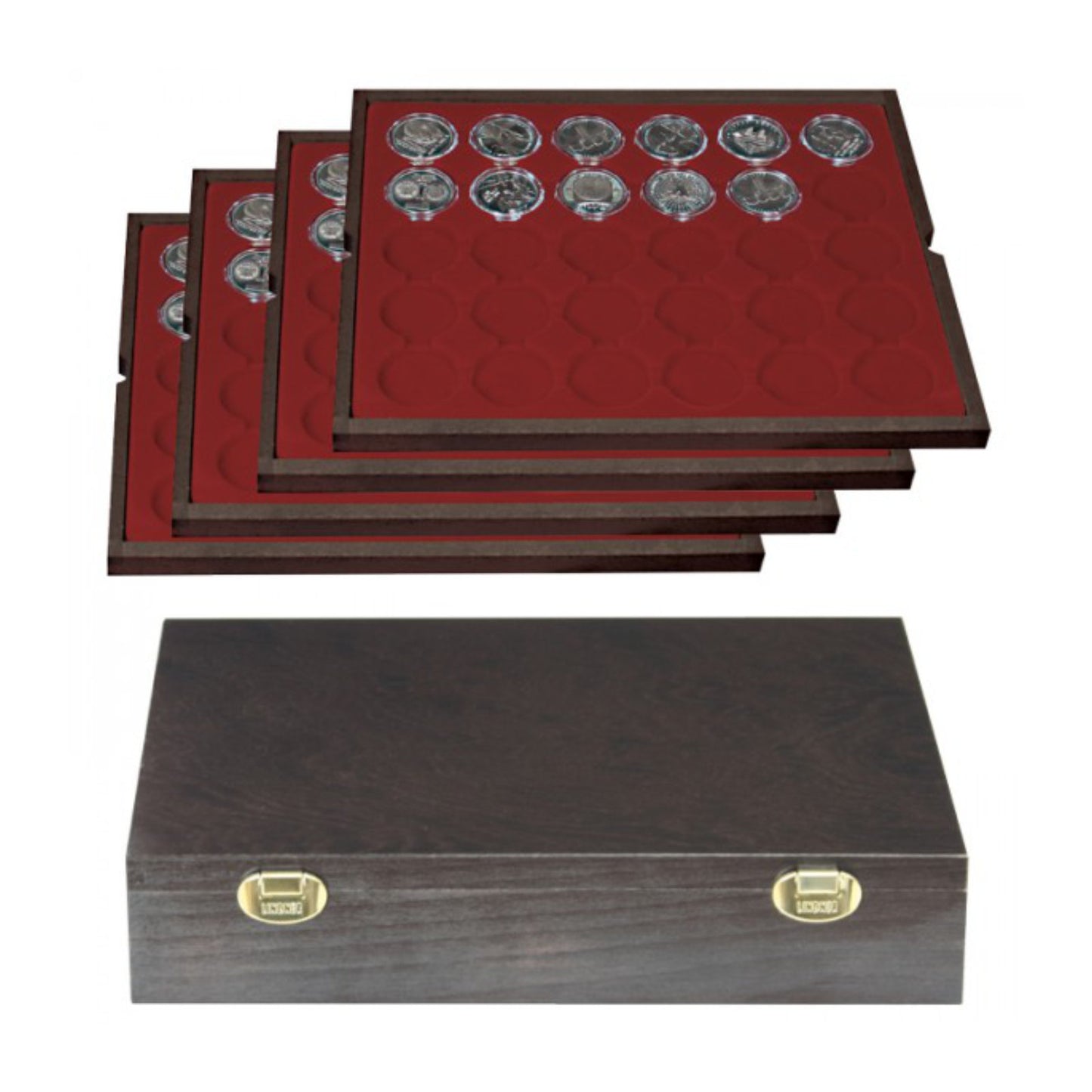 Münzkassette aus Echtholz, mit vier roten Münzeinlagen, für bis zu 216 Münzen