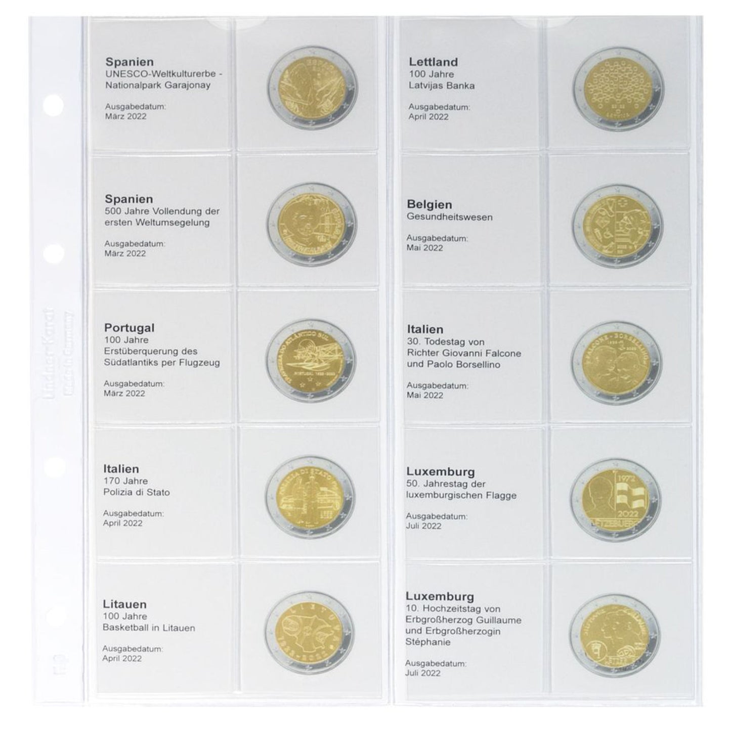 Karat Vordruckblatt für 2 Euro Sammlermünzen und Gedenkmünzen
