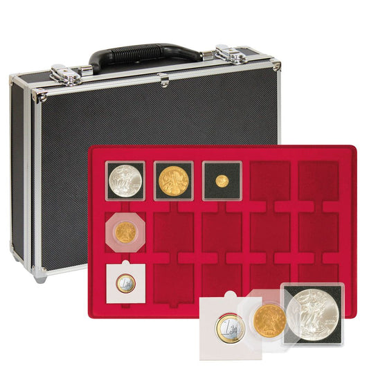 Münzen Sammelkoffer, in Schwarz, aus Aluminium, mit 8 Tableaus, für 120 Münzen bis 50 mm