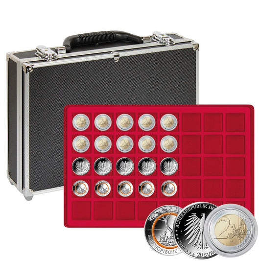 Münzen Sammelkoffer, in Schwarz, aus Aluminium, mit 8 Tableaus, für 320 Münzen bis 34 mm