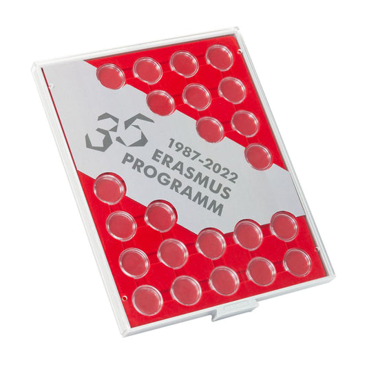Münzbox für einen Komplettsatz der 2 Euro Münzen "35 Jahre ERASMUS-Programm", Inklusive Münzkapseln, Rot
