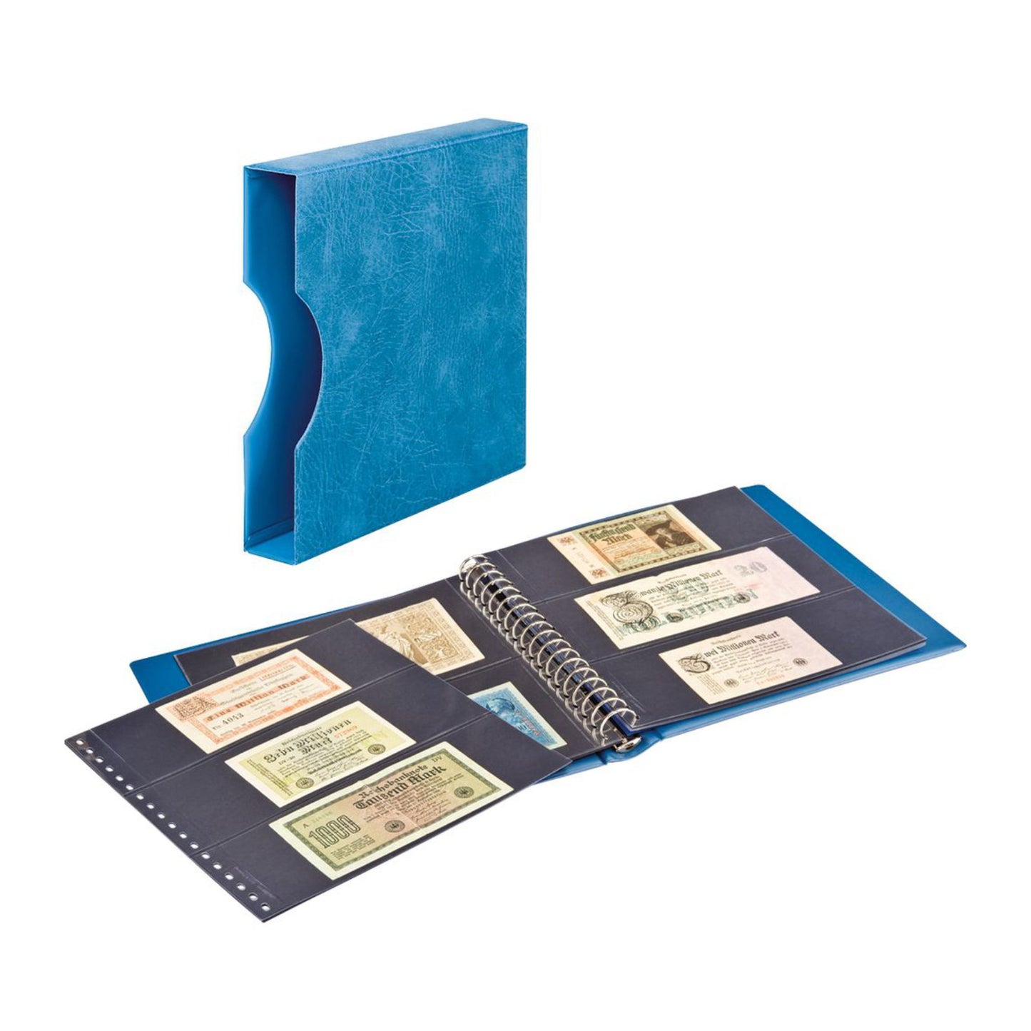 Banknotenalbum, mit 20 Klarsichthüllen, schwarzen Zwischenblättern und passender Schutzkassette, verschiedene Farben
