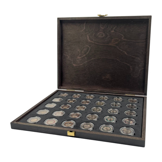 Münzkassette aus Echtholz für 30 gekapselte 5 Euro Sammlermünzen mit Polymerring, inklusive Münzkapseln